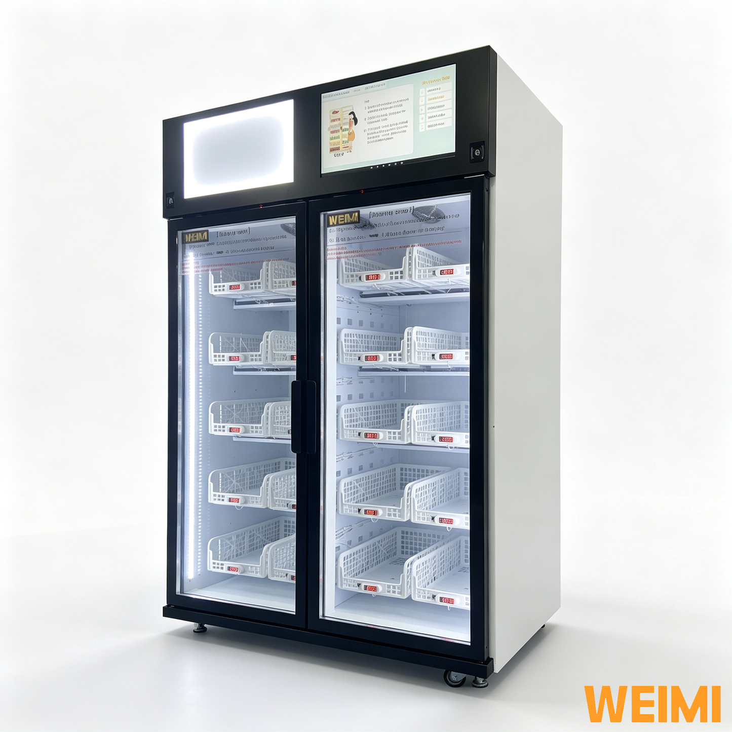 Double door smart refrigerated vending fridge with card reader for fresh produce retail