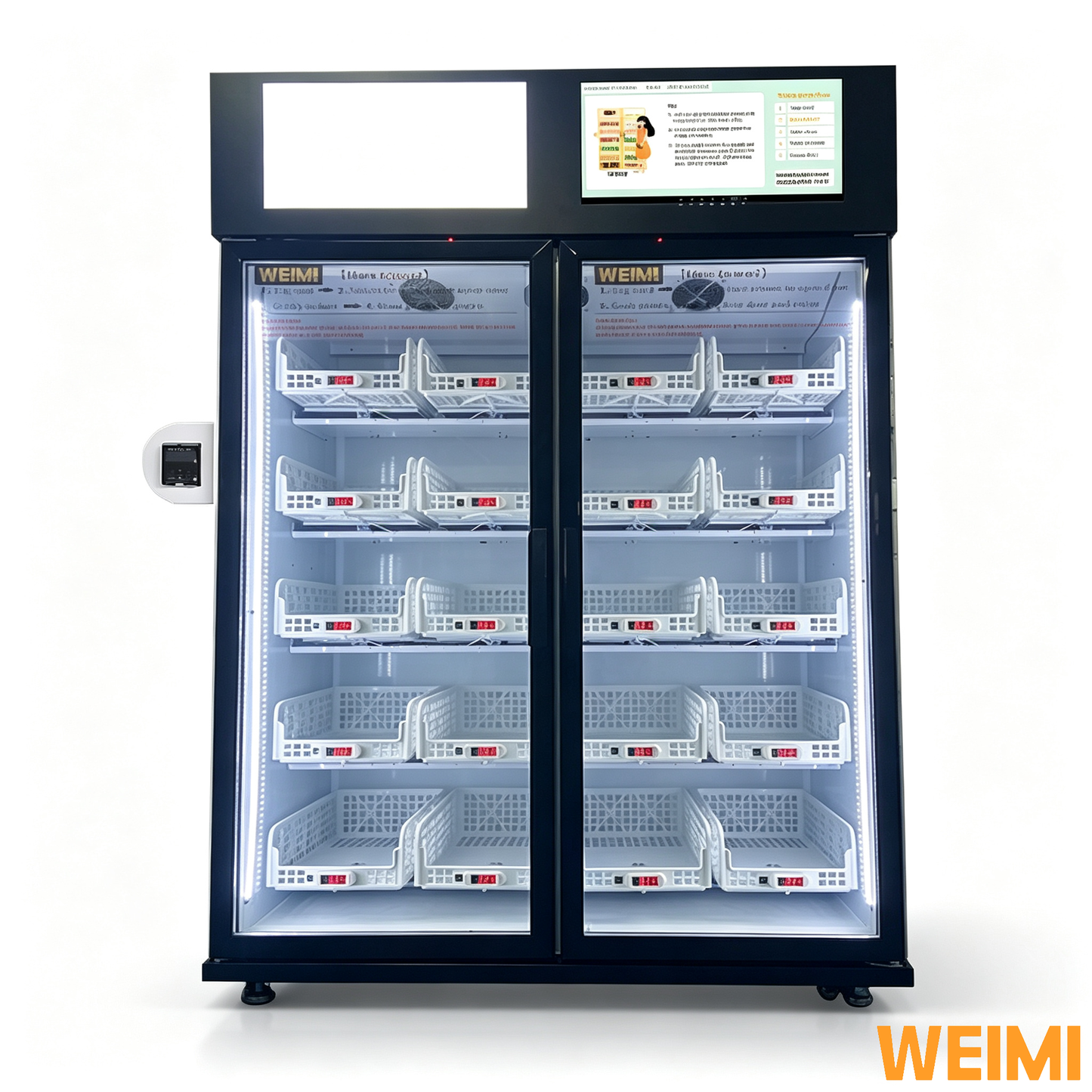 Double door smart refrigerated vending fridge with card reader for fresh produce retail