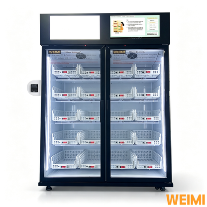 Double door smart refrigerated vending fridge with card reader for fresh produce retail