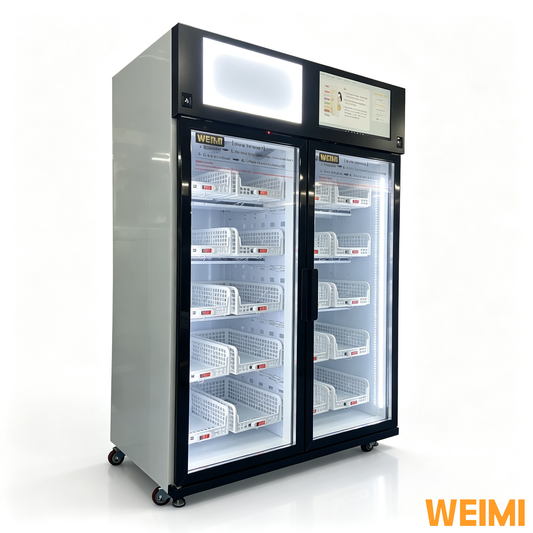 Double door smart refrigerated vending fridge with card reader for fresh produce retail